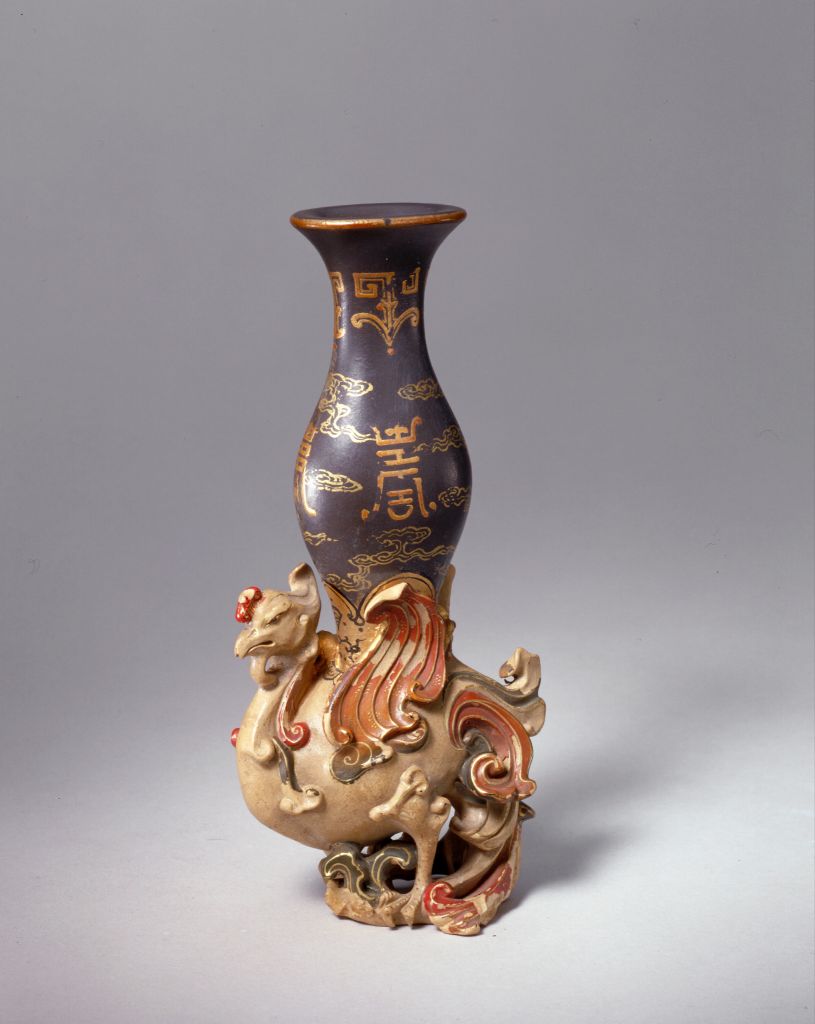 图片[1]-Yixing kiln purple sand painted with gold and painted with Tianji statue-China Archive